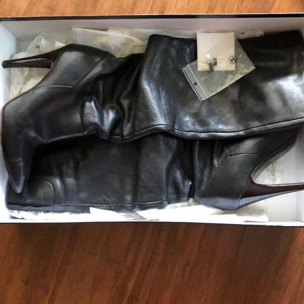 CHANEL Black Leather High Boots 6.5  38